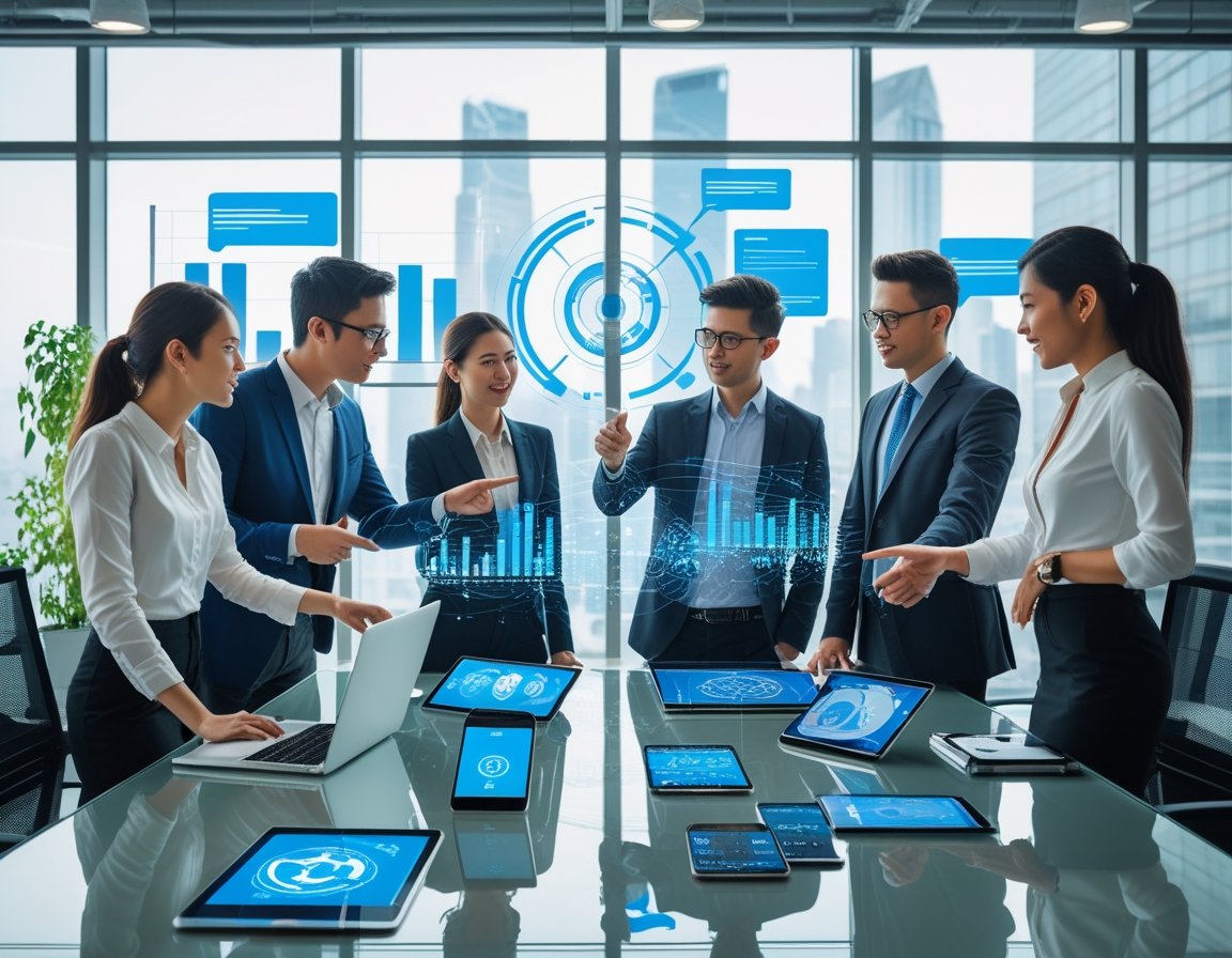 A diverse group of professionals collaborating around a table with digital devices showing marketing data in a modern office with city views.