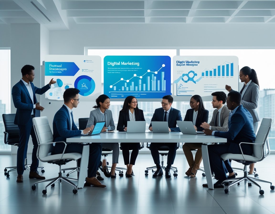 A diverse group of professionals collaborating around a conference table with laptops and digital charts in a modern office.