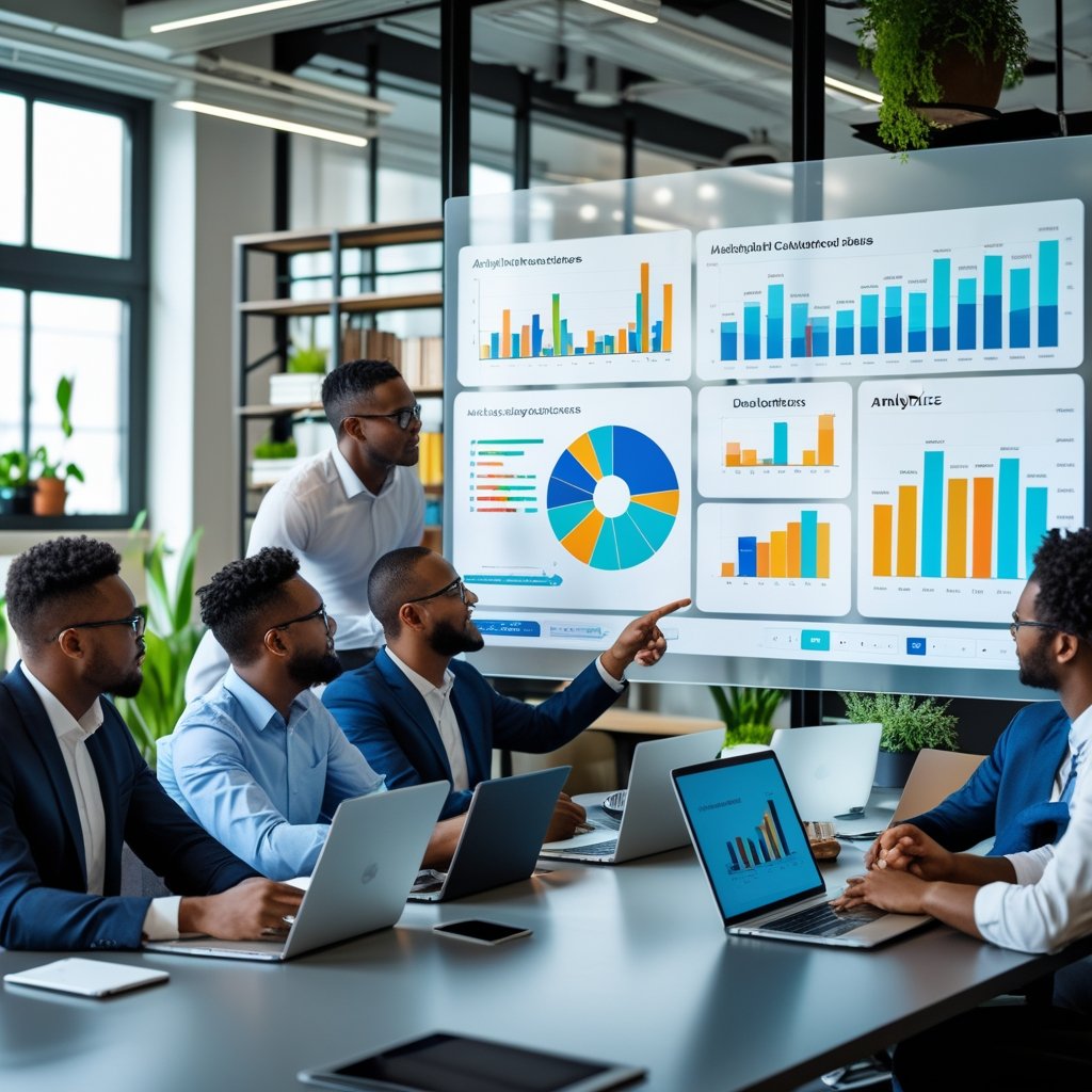 A group of business professionals collaborating around a table with laptops and digital charts in a bright office.