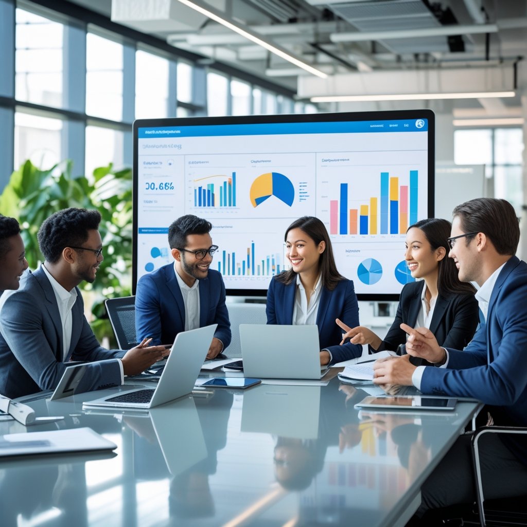 A group of business professionals collaborating around a table with digital devices showing data charts in a modern office.