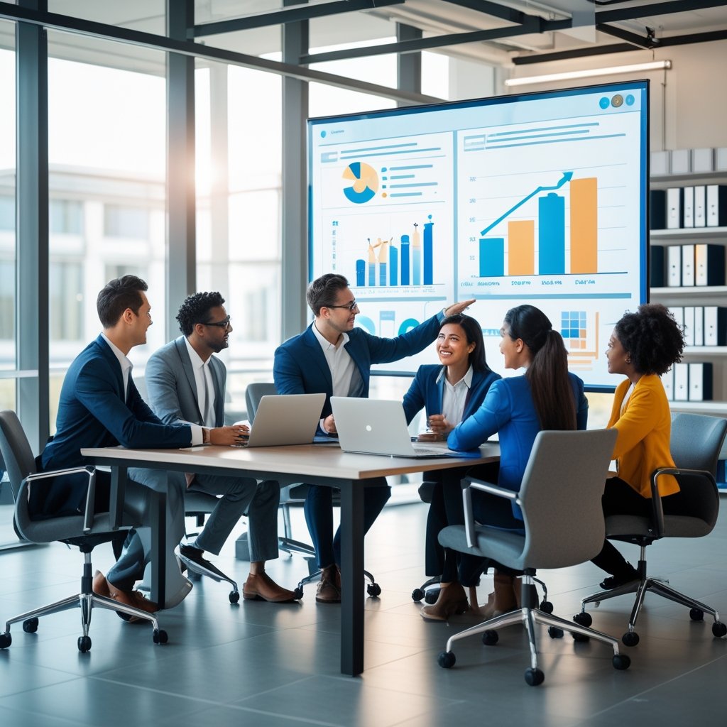 A diverse team of professionals collaborating around a table with digital devices and charts in a bright office.