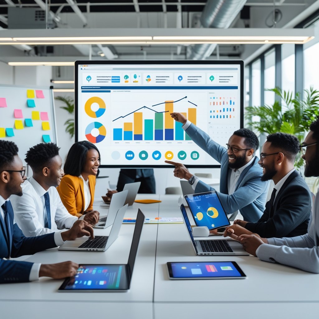A group of business professionals collaborating around a table with digital devices and charts in a bright office.