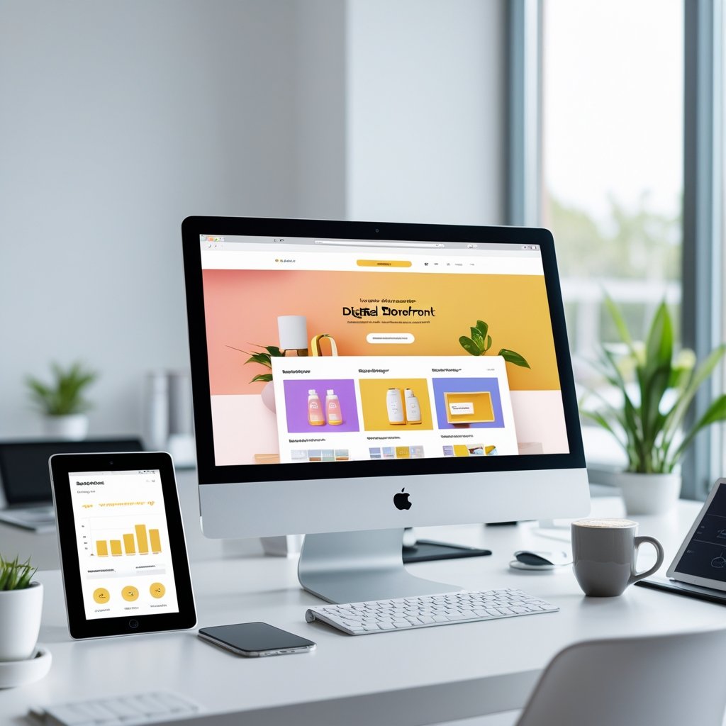 A modern workspace with a desktop computer showing an e-commerce website, surrounded by a smartphone, tablet, and office items.