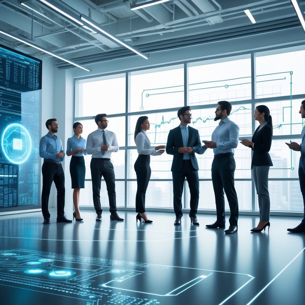 A group of business professionals collaborating in a modern office with digital screens showing data and technology visuals.