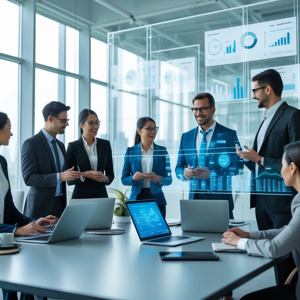 A group of business professionals collaborating around a conference table with digital devices and futuristic data displays in a bright office.