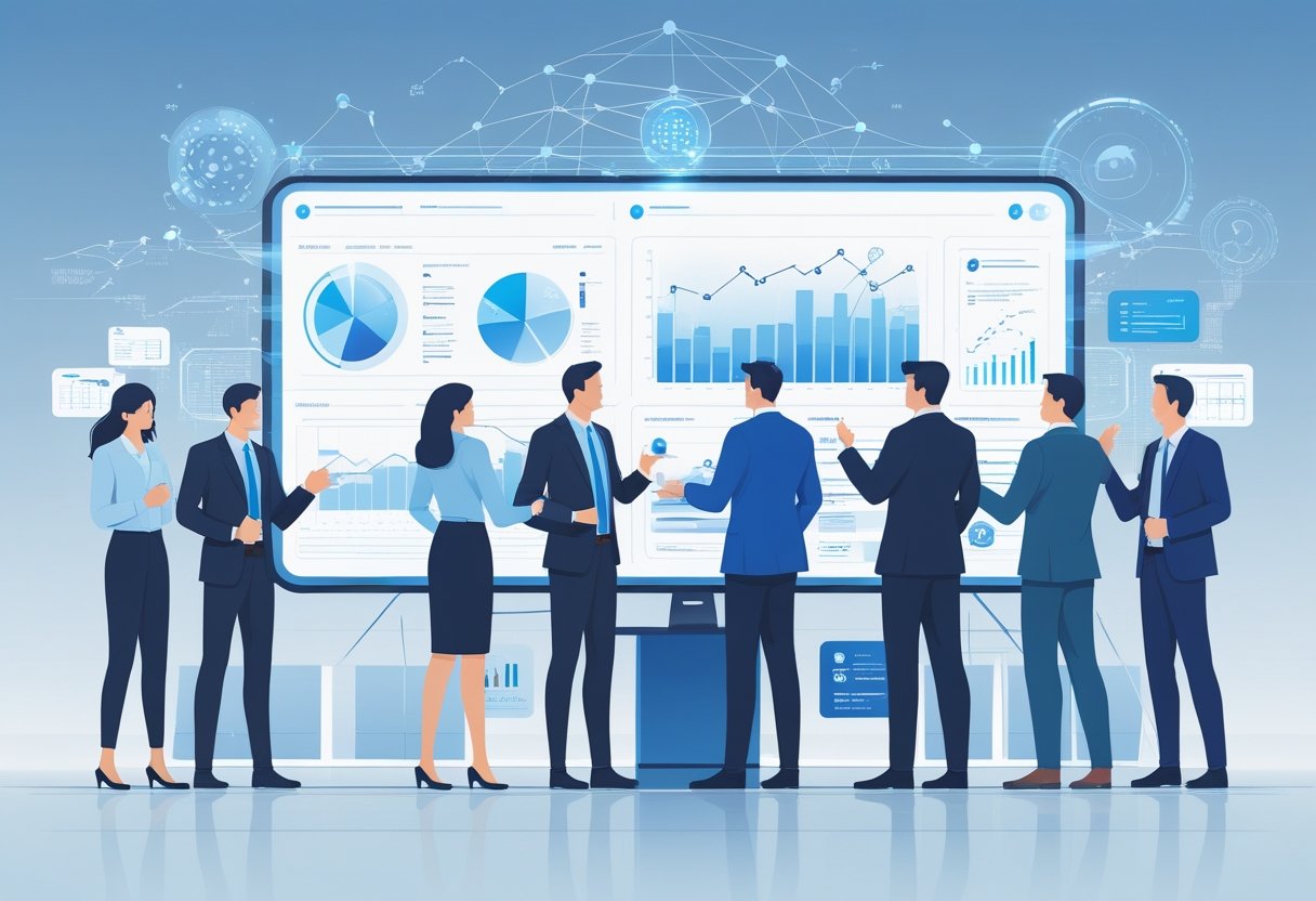 A group of professionals collaborating around a digital screen displaying data charts and graphs in a modern office.