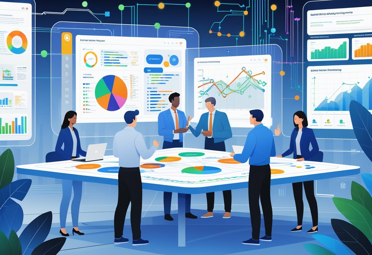 A team of professionals collaborating around a digital touchscreen table displaying data charts and analytics dashboards in a modern office.
