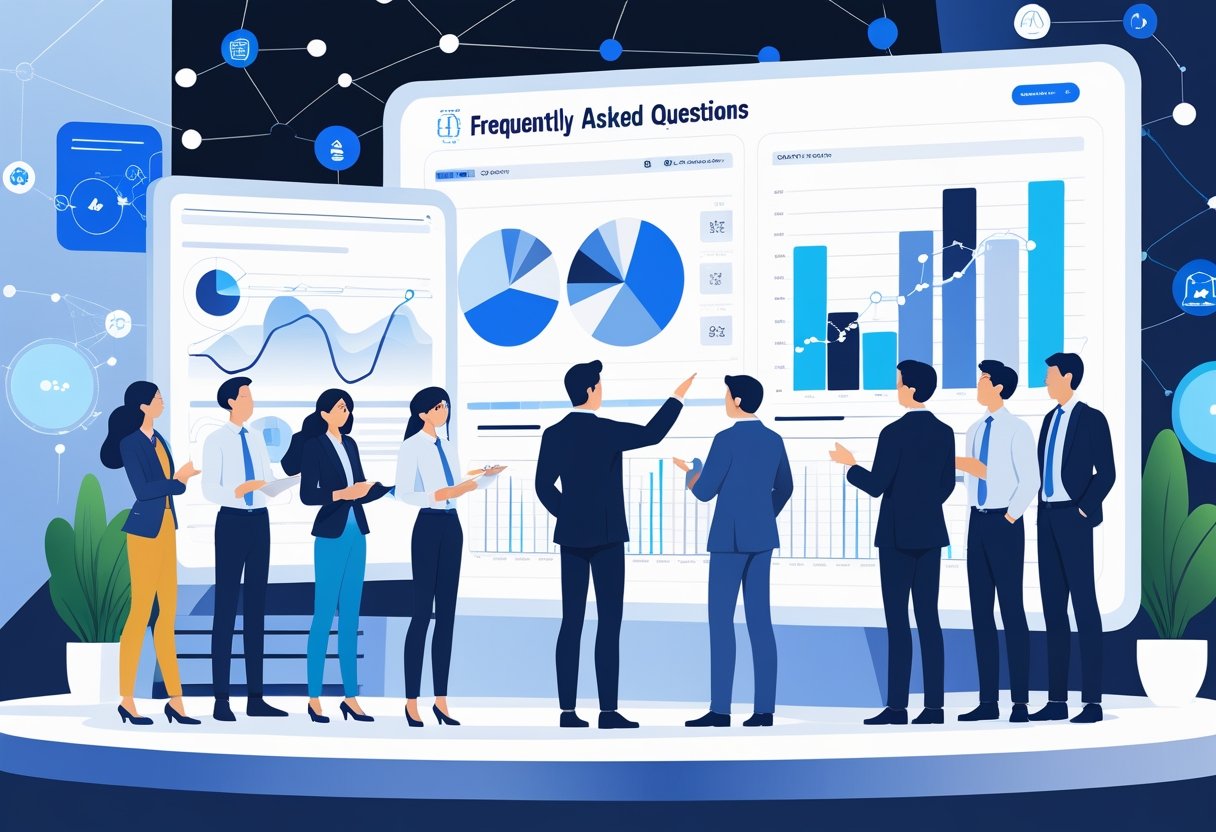 A group of professionals collaborating around a digital touchscreen display showing data charts and graphs in a modern office setting.