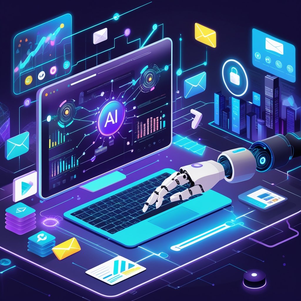 A workspace showing a human and robotic hand collaborating over a digital tablet surrounded by digital marketing icons and data visualizations.