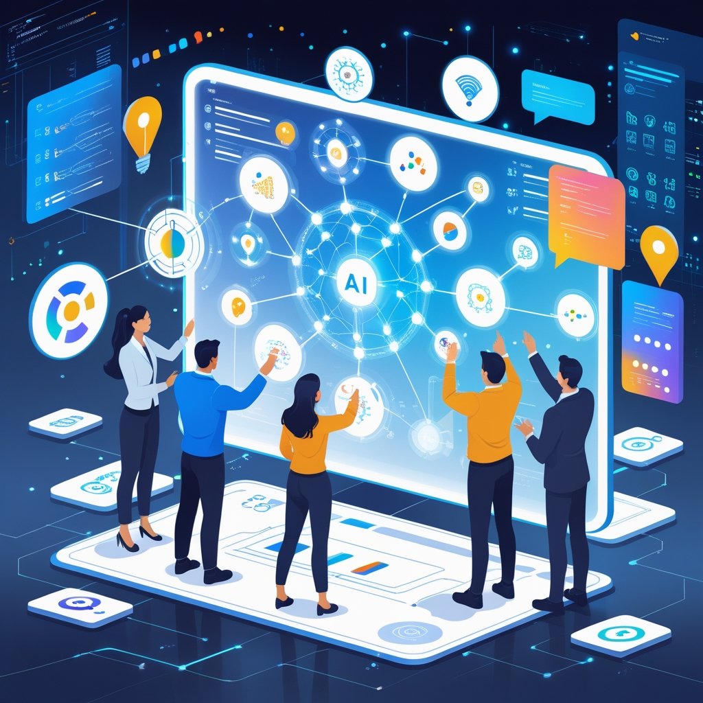 A group of professionals interacting with digital screens showing AI and marketing-related icons in a modern office setting.