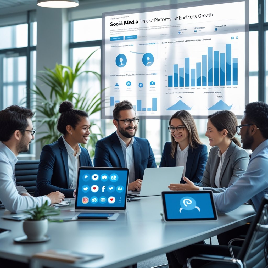 A group of business professionals working together around a table with laptops and devices showing social media icons and charts in a modern office.