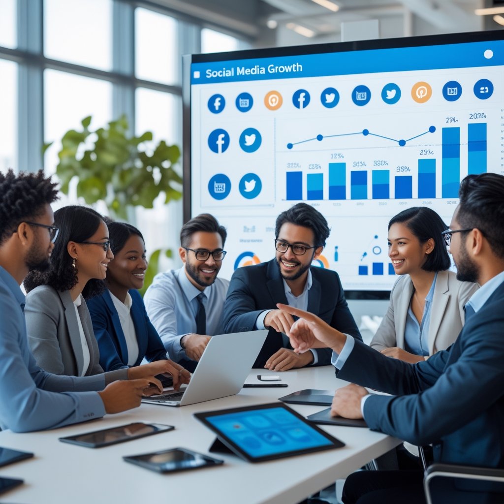 A group of business professionals collaborating around a table with digital devices and a screen showing social media icons and growth charts.