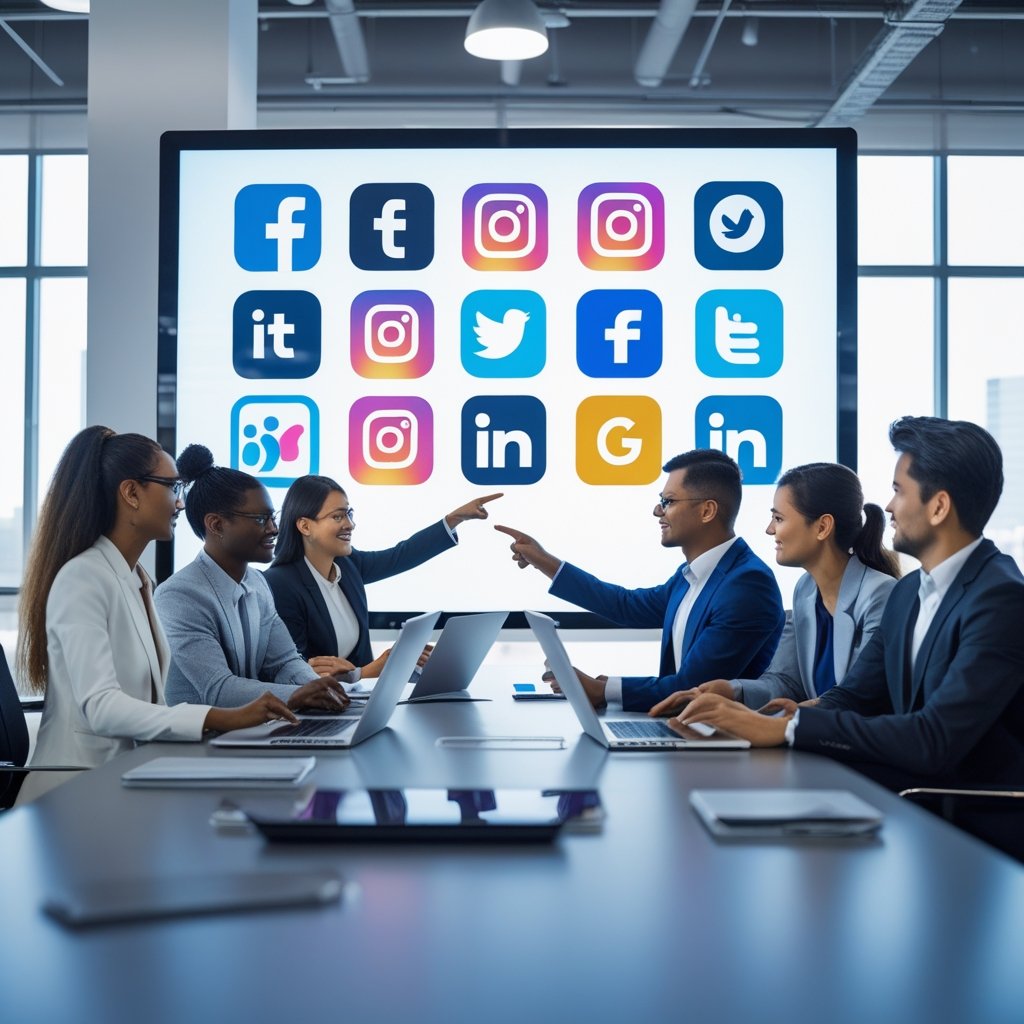 A group of business professionals discussing social media platforms around a conference table with digital devices and a screen showing social media icons.