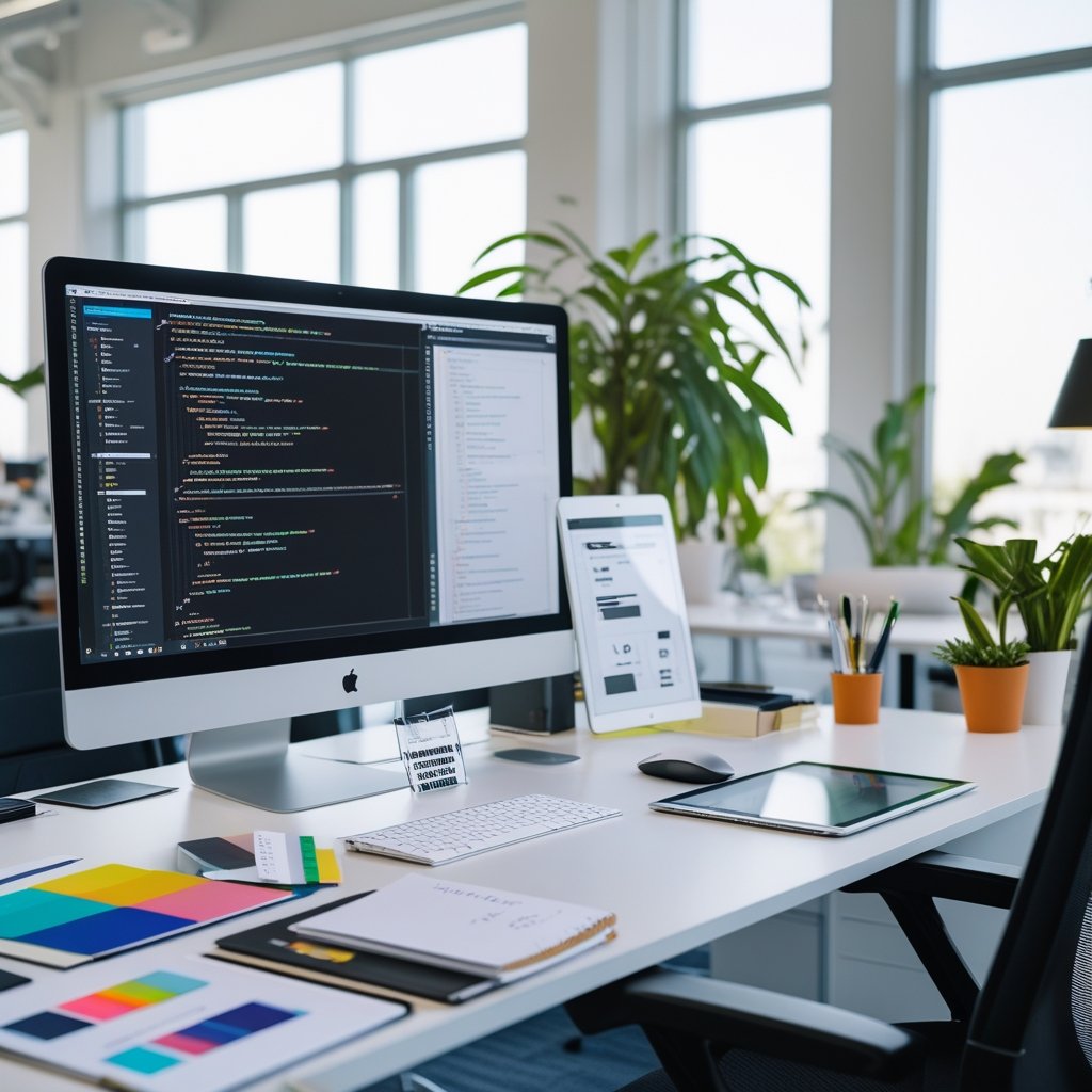 A modern office workspace with a computer showing website design elements, surrounded by design tools and natural light.