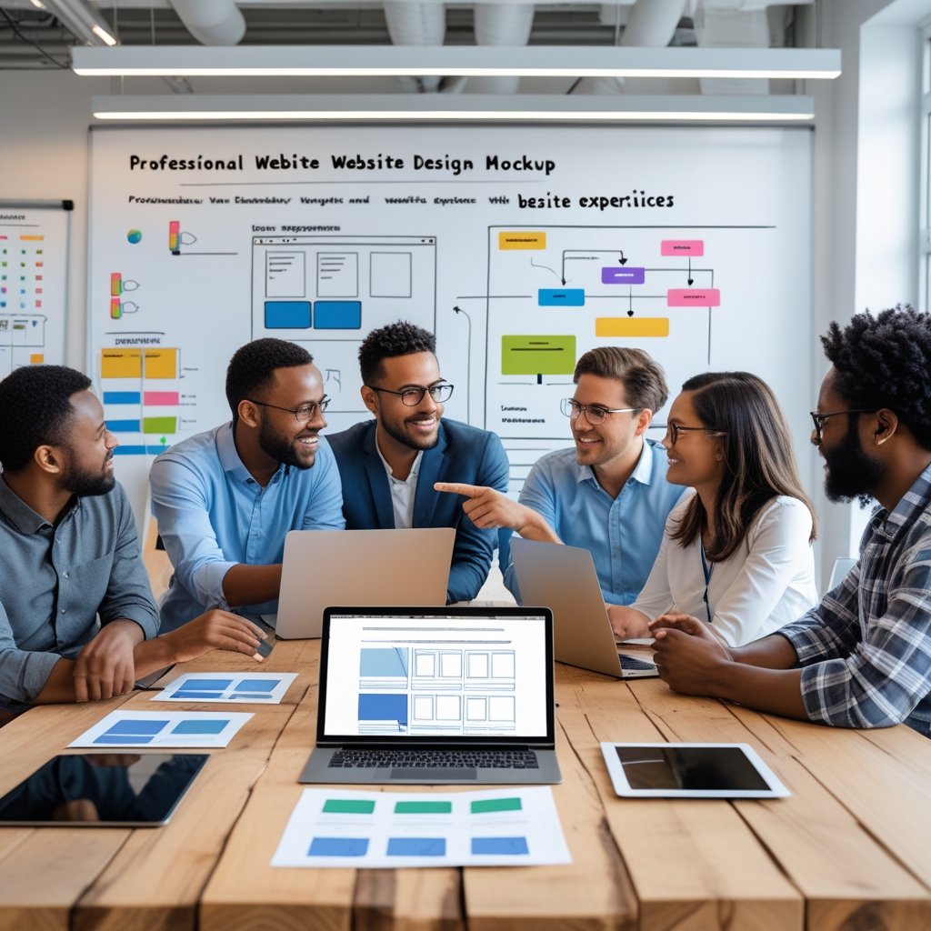 A group of professionals collaborating around a table with laptops and website design sketches in a bright office.