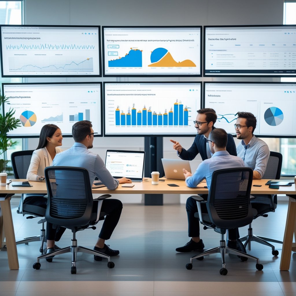 A team of professionals collaborating around a desk with computer screens showing website analytics and designs in a bright office.