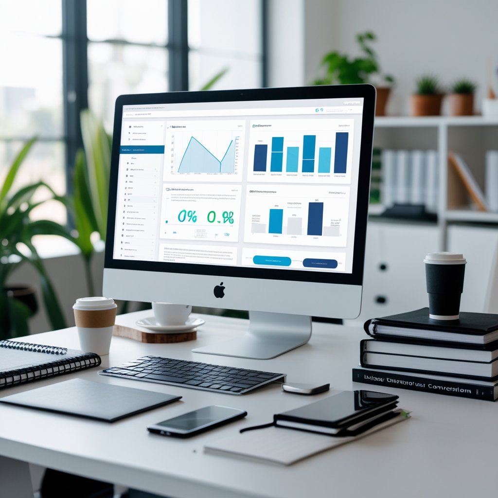 A modern workspace with a computer showing website layouts and charts, surrounded by notebooks, a smartphone, and office items.