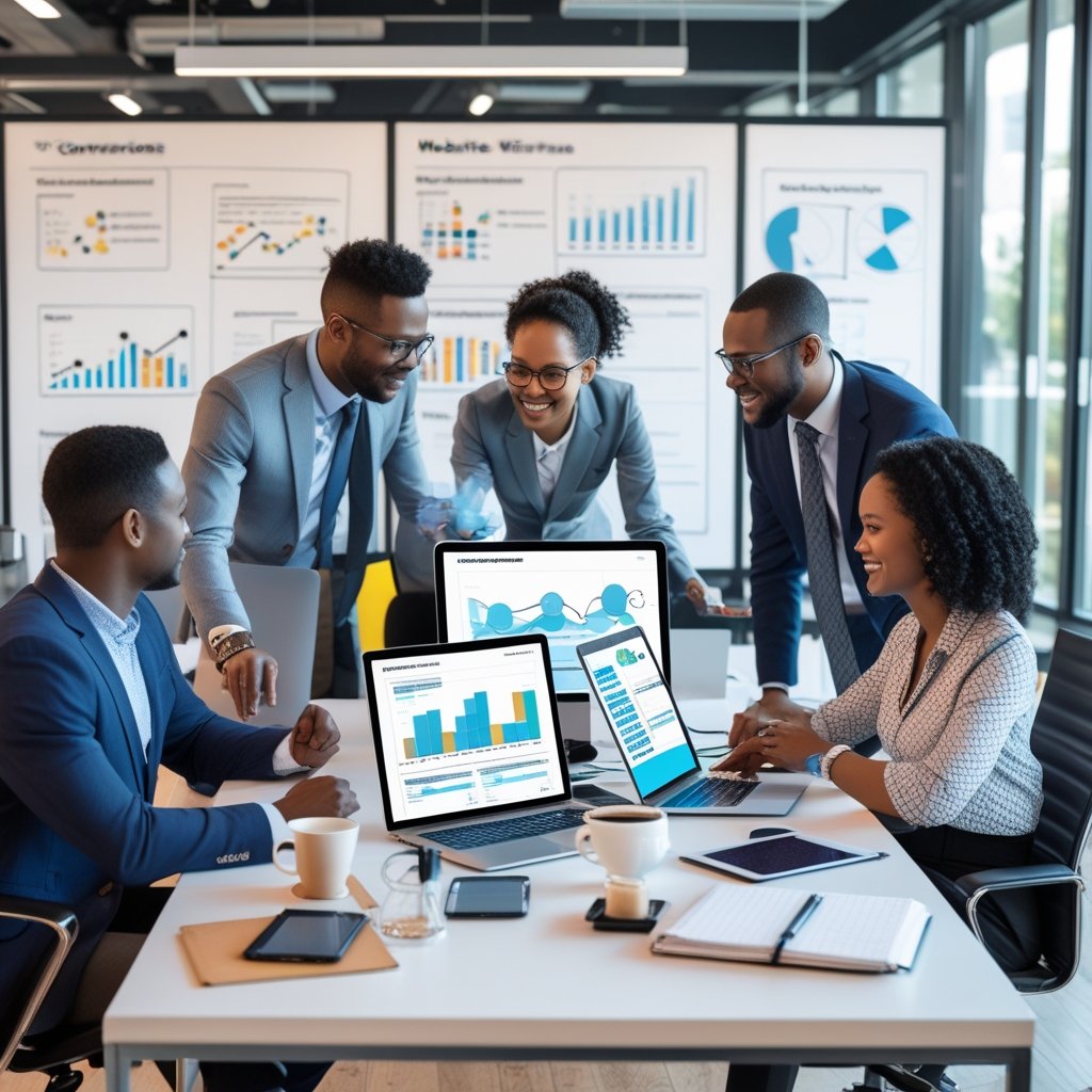 A group of professionals working together around a desk with laptops and digital devices in a bright office, collaborating on website development.