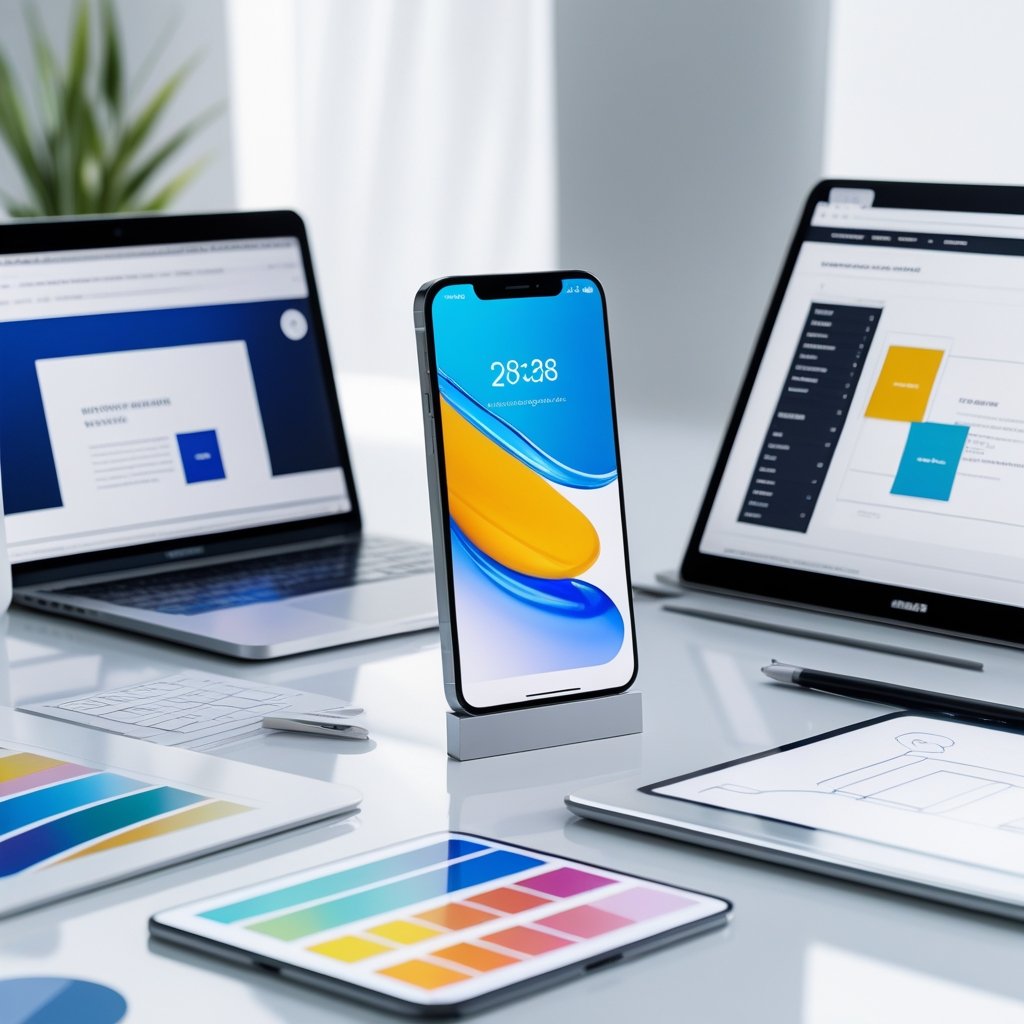 A modern workspace with a smartphone displaying a website, surrounded by a laptop, tablet, and design tools.