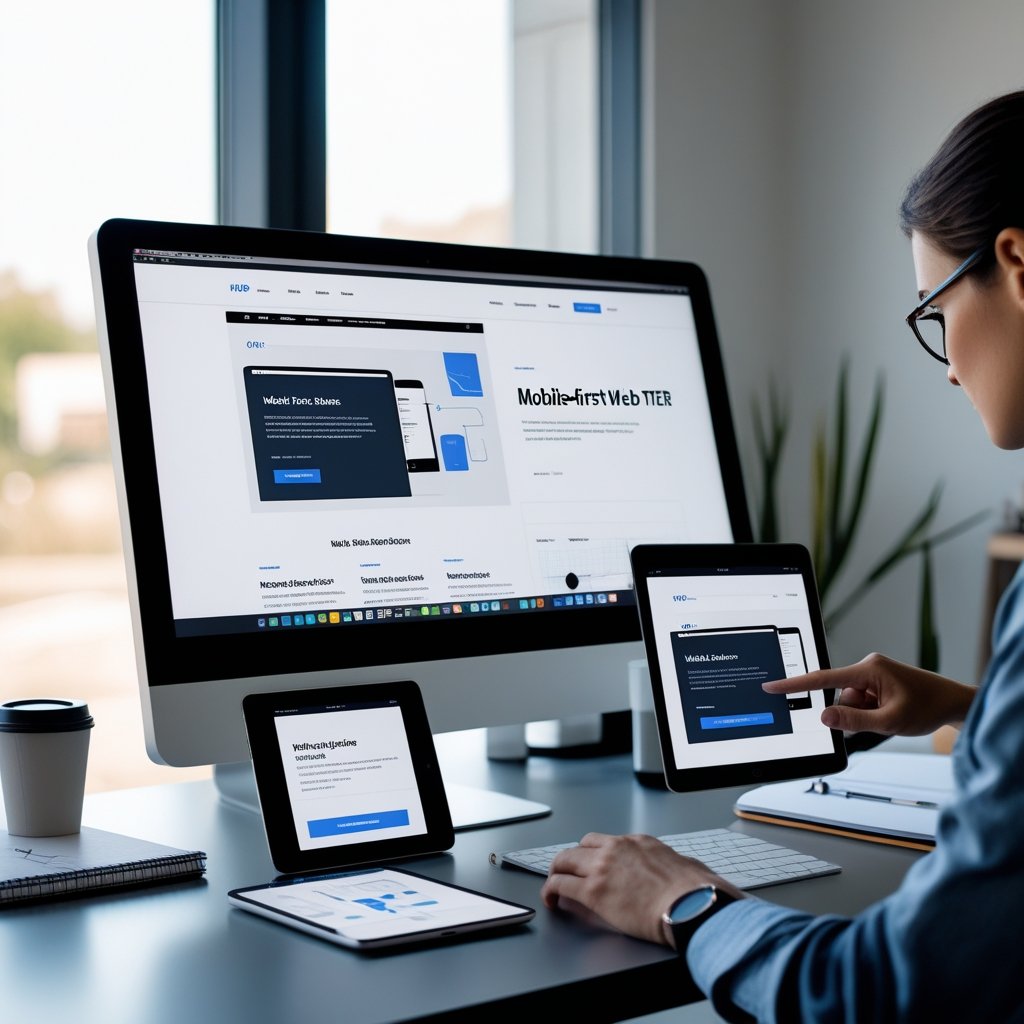 A workspace with a computer monitor, smartphone, and tablet showing a website layout, with hands interacting with the devices.