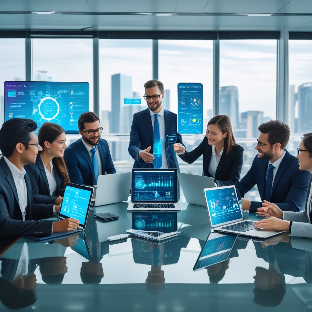 Business professionals collaborating around a conference table with digital devices showing data and graphs in a modern office with a city view.