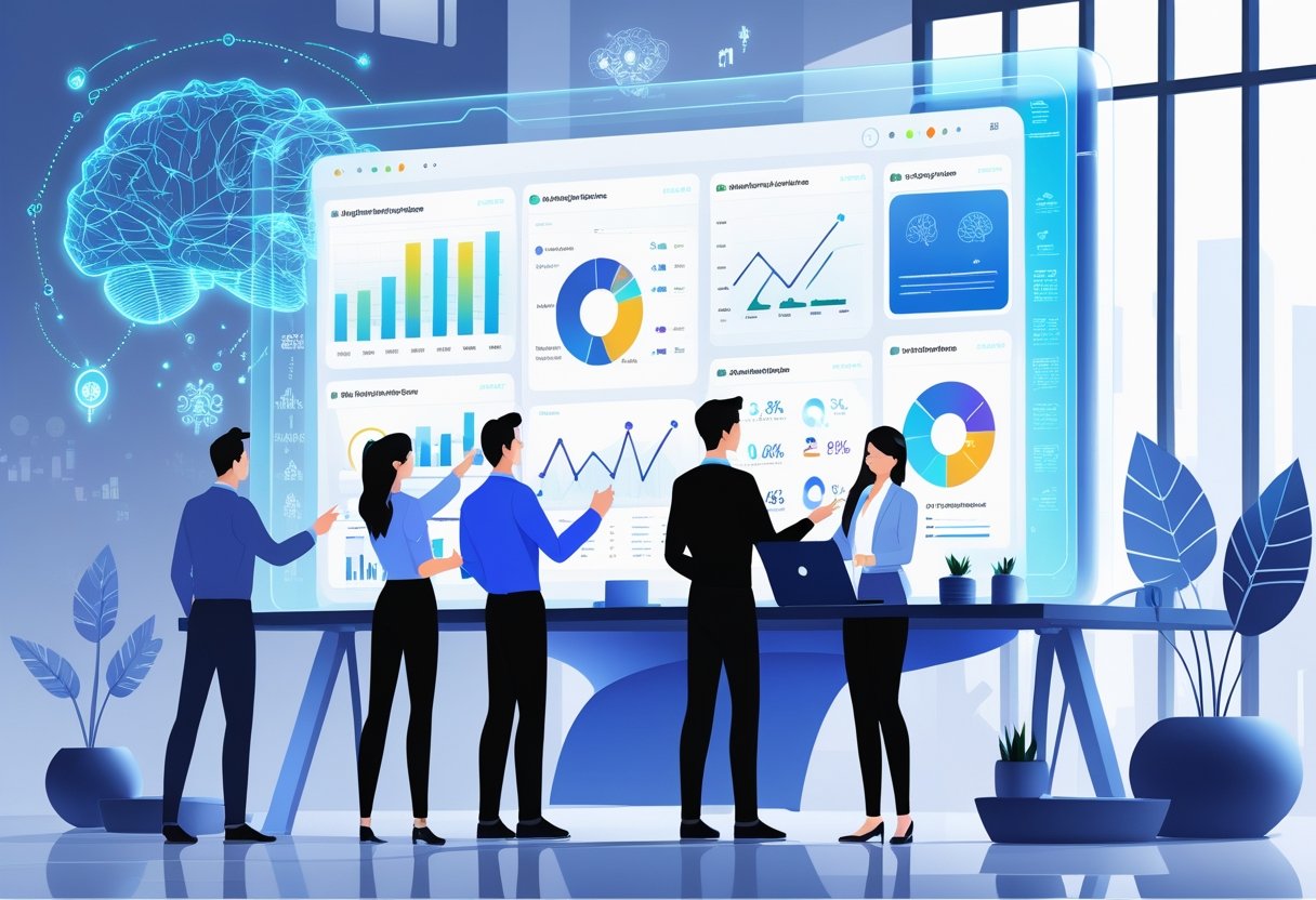 A team of professionals working with digital marketing data on a large transparent screen surrounded by floating AI symbols in a modern office.