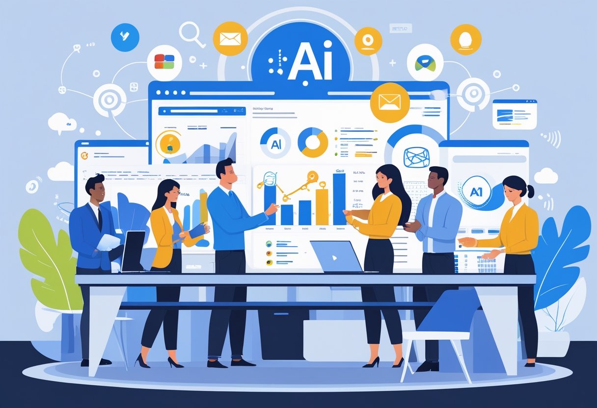 A group of marketing professionals collaborating around a digital touchscreen table displaying data and AI insights in a modern office.