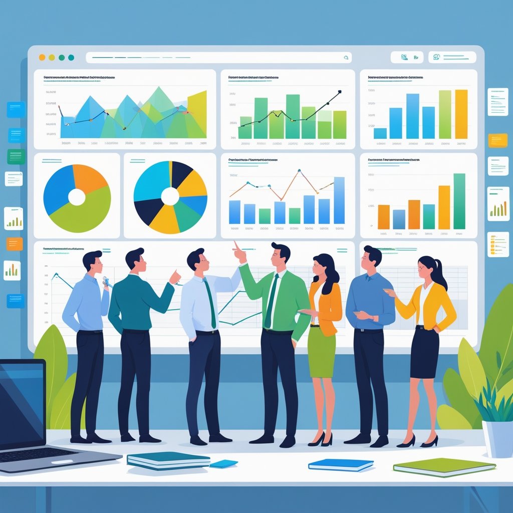A group of professionals analyzing colorful charts and graphs on a large digital dashboard in an office setting.