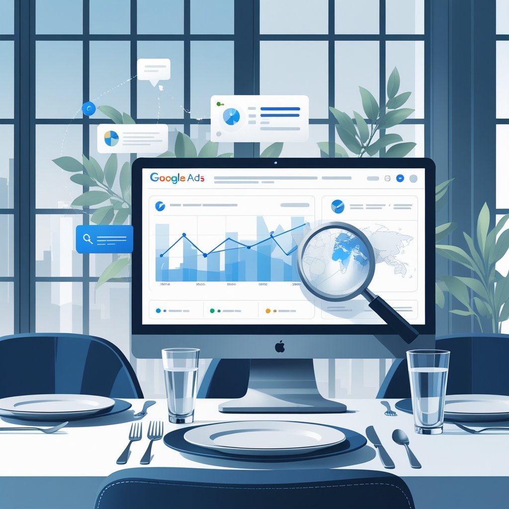 A restaurant table set for dining with digital marketing icons like charts and a computer screen showing ad analytics integrated into the scene.
