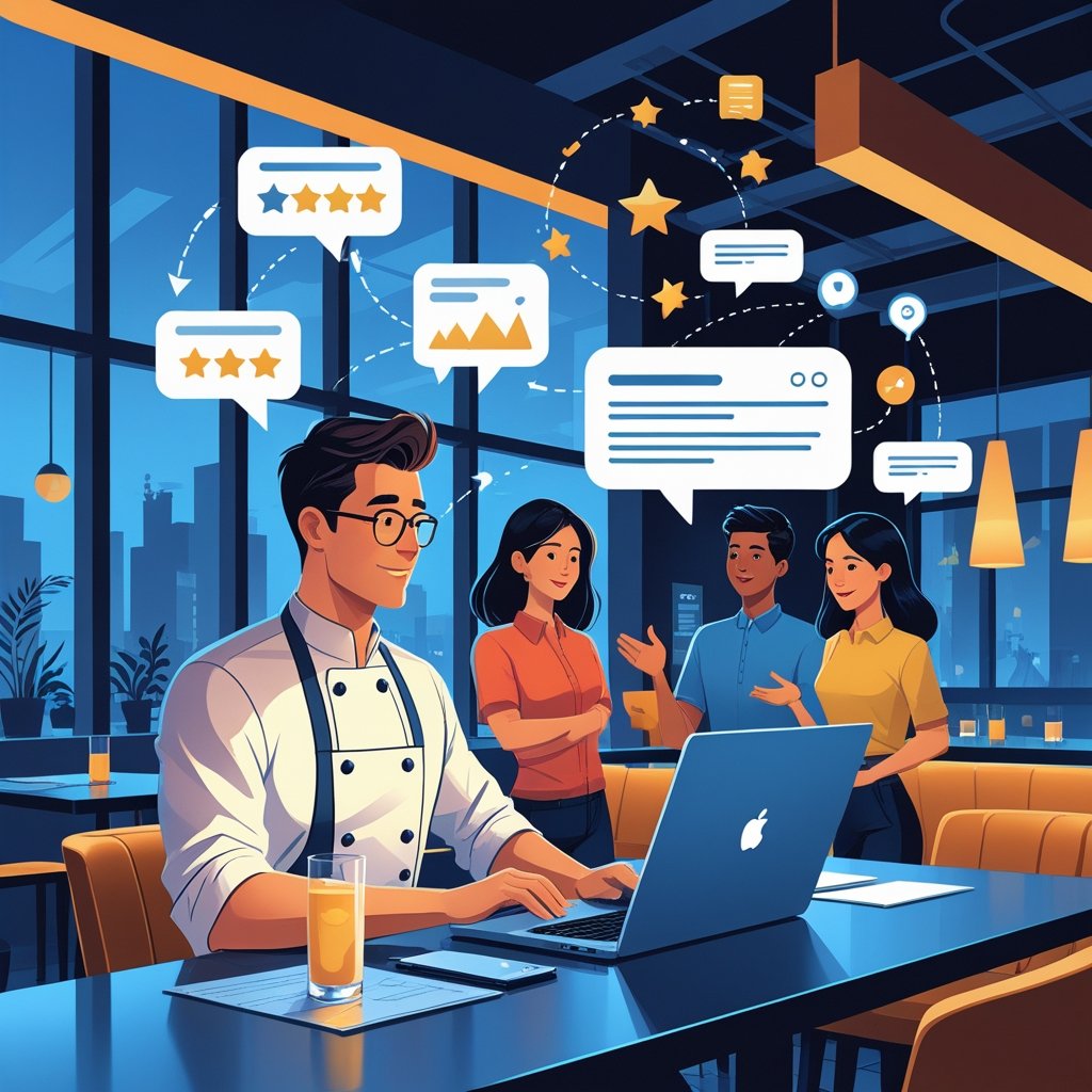 A restaurant manager and team member reviewing online customer feedback on a laptop in a restaurant office.