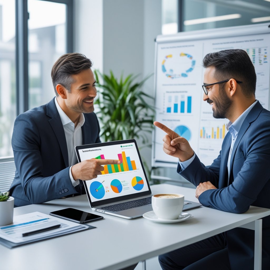 A digital marketing consultant and a client discussing data on a laptop in a bright office.