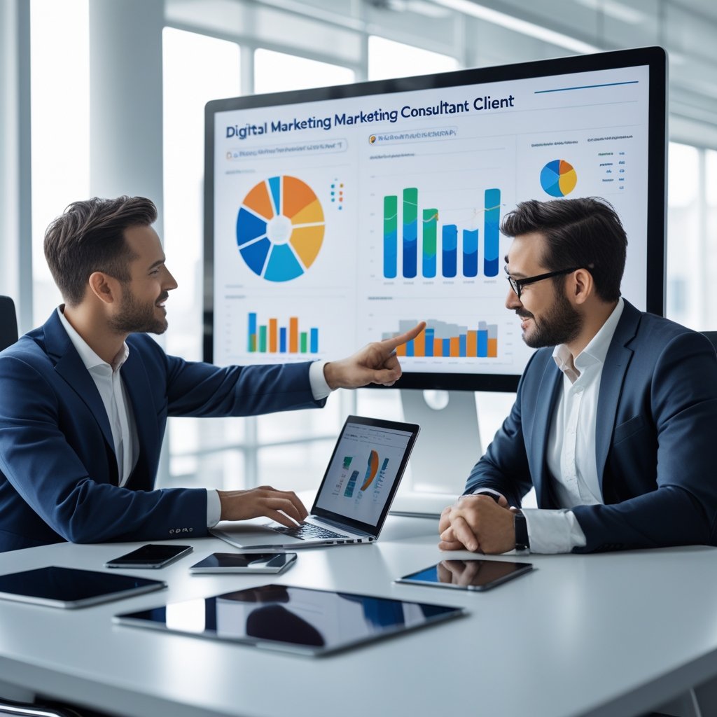 A digital marketing consultant and a client discussing marketing data on a laptop and large screen in a modern office.